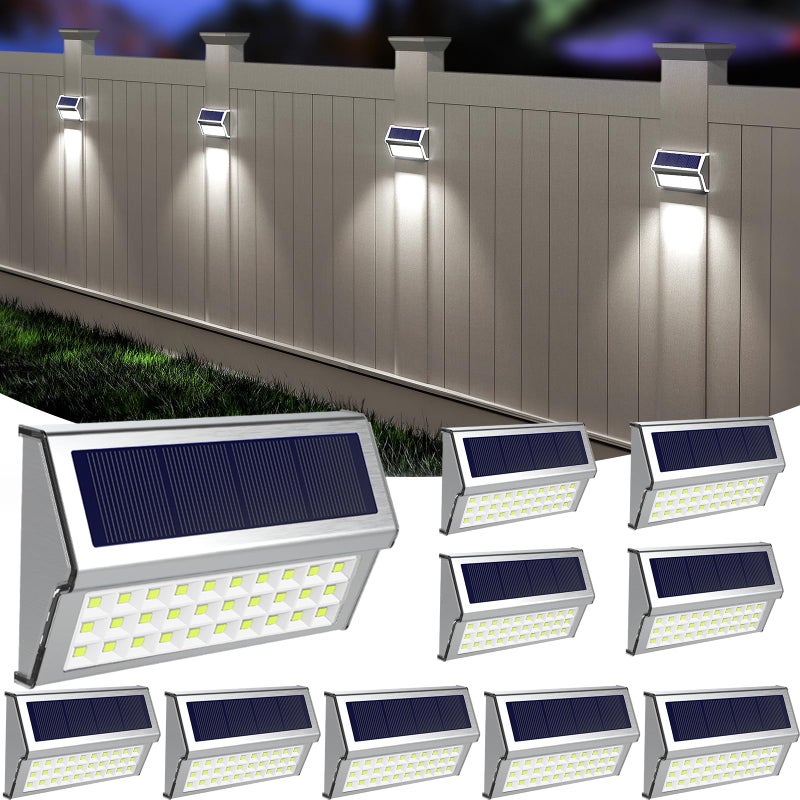 ROSHWEY Solar Lights Outdoor, 10 Pack 30 LED Fence Lights Waterproof Solar Powered Deck Post Lamps Stainless Steel Outside Step Lighting for Backyard Yard Walkway Stairs, Cool White Light - Image 1
